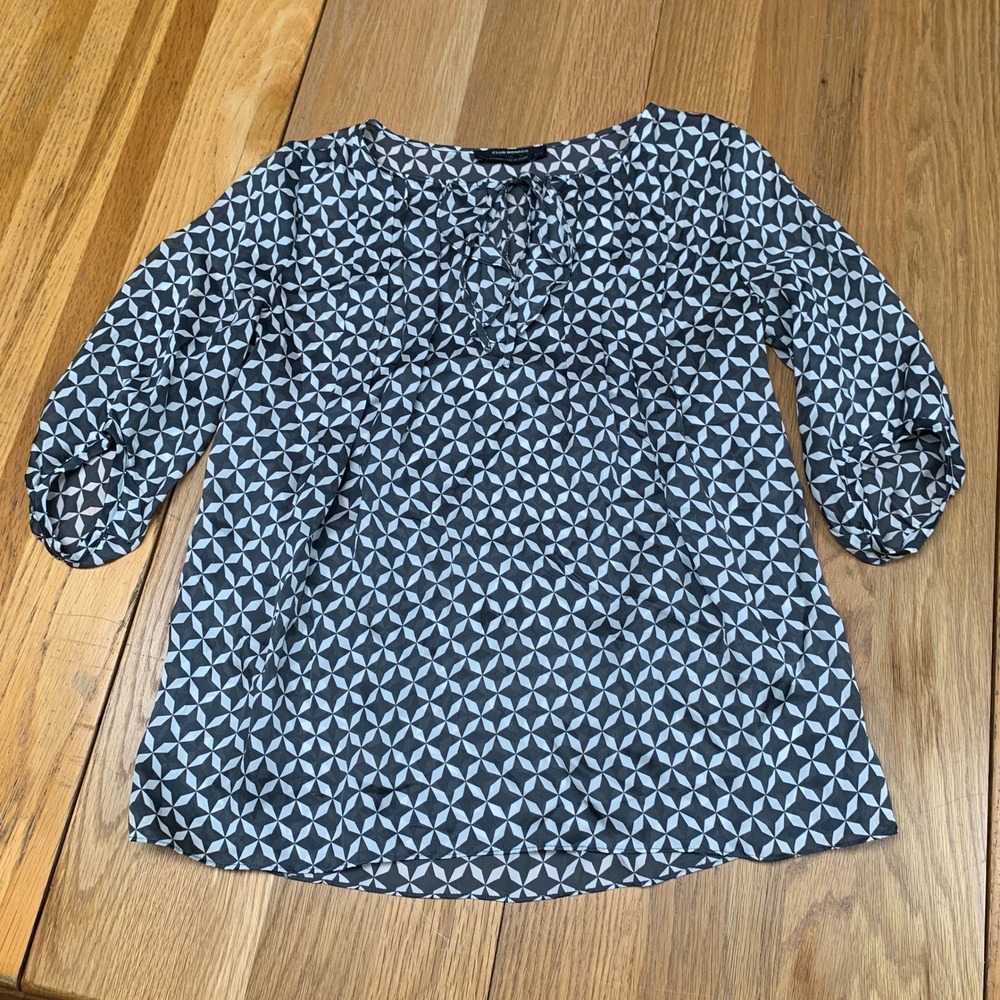 Club Monaco Womens Gray White Silk Geometric Tie Neck 3/4‎ Sleeve Blouse Small